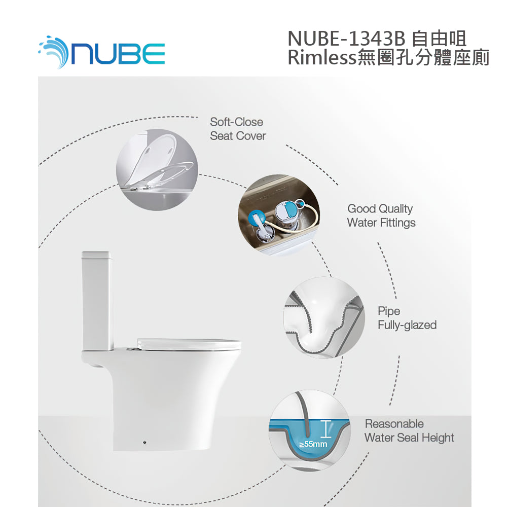 NUBE 64cm自由咀Rimless無圈孔分體座廁