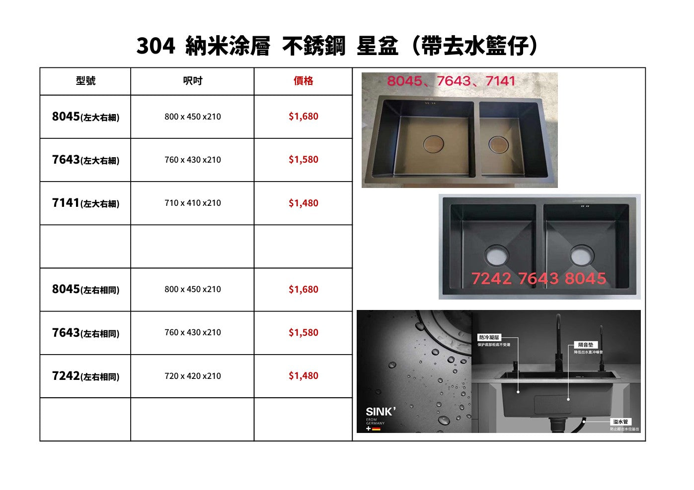 304 納米塗層 不鏽鋼 單星盆