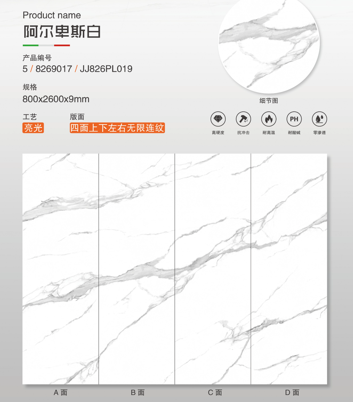 阿爾卑斯白 亮面 800x2600mm 岩板 5/8269017/JJ826PL019