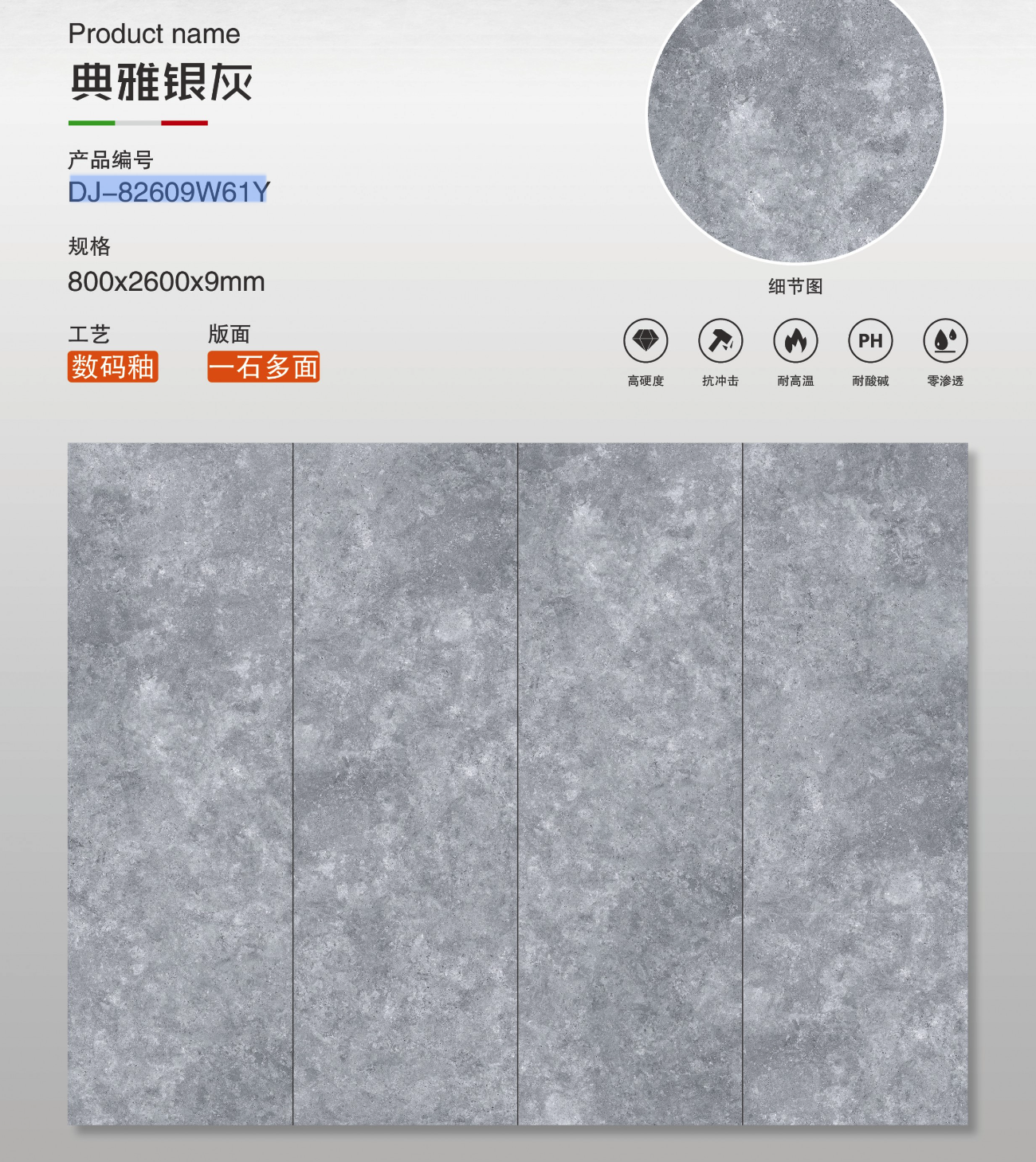 典雅銀灰 啞面 800x2600mm 岩板 DJ-82609W61Y